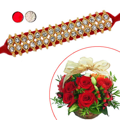"Two Line Stone Studded Rakhi - SR-9100A (Single Rakhi), 15 Red Roses Flower Basket - Click here to View more details about this Product